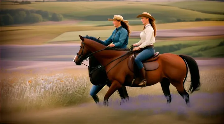 Location: Open countryside. Characters: A man and a woman in  love. Objects: Horses and  wildflowers. Description: The man and the woman in love  ride horses through an open countryside filled with wildflowers, feeling the freedom and wildness of their untamed love.