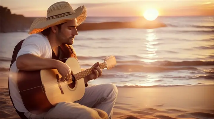 Location: Secluded beach. Characters: A man and a woman in love Objects: Acoustic guitar and  bonfire. Description: The man serenades the woman in love  with an acoustic guitar by a bonfire on a secluded beach, the sunset casting a warm glow over their intimate moment.