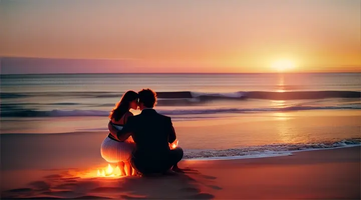 Location: Secluded beach. Characters: A man and a woman in love Objects: Acoustic guitar and  bonfire. Description: The man serenades the woman in love  with an acoustic guitar by a bonfire on a secluded beach, the sunset casting a warm glow over their intimate moment.