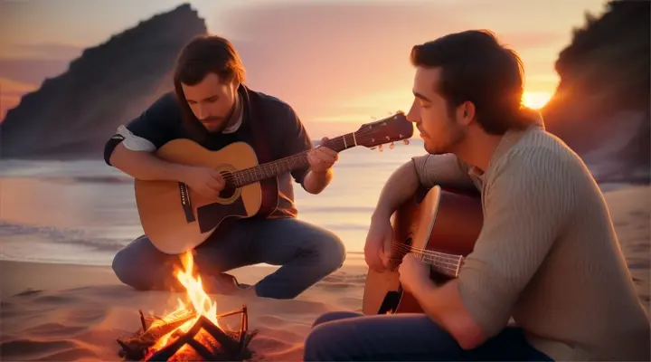 Location: Secluded beach. Characters: A man and a woman in love Objects: Acoustic guitar and  bonfire. Description: The man serenades the woman in love  with an acoustic guitar by a bonfire on a secluded beach, the sunset casting a warm glow over their intimate moment.