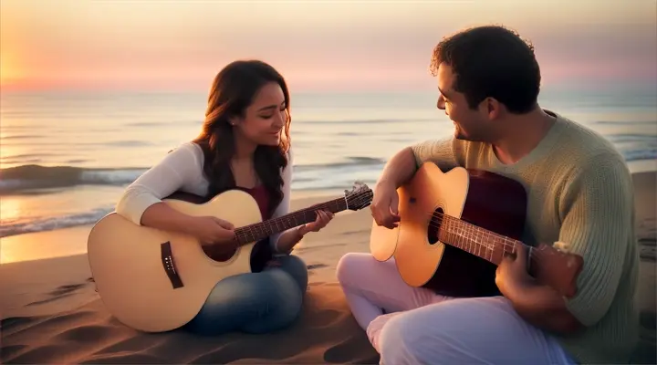 Location: Secluded beach. Characters: A man and a woman in love Objects: Acoustic guitar and  bonfire. Description: The man serenades the woman in love  with an acoustic guitar by a bonfire on a secluded beach, the sunset casting a warm glow over their intimate moment.