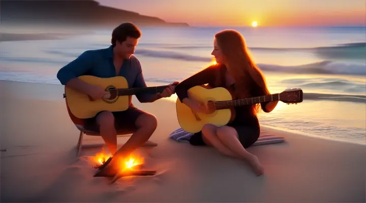 Location: Secluded beach. Characters: A man and a woman in love Objects: Acoustic guitar and  bonfire. Description: The man serenades the woman in love  with an acoustic guitar by a bonfire on a secluded beach, the sunset casting a warm glow over their intimate moment.