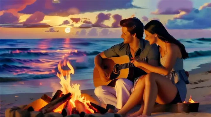 a man and woman sitting next to a fire on the beach