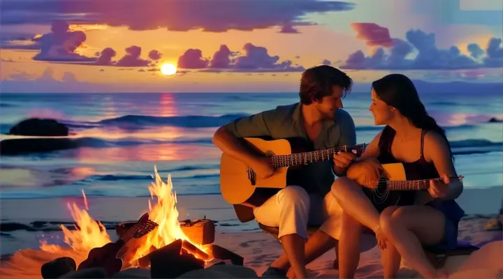 Location: Secluded beach. Characters: A man and a woman in love Objects: Acoustic guitar and  bonfire. Description: The man serenades the woman in love  with an acoustic guitar by a bonfire on a secluded beach, the sunset casting a warm glow over their intimate moment.