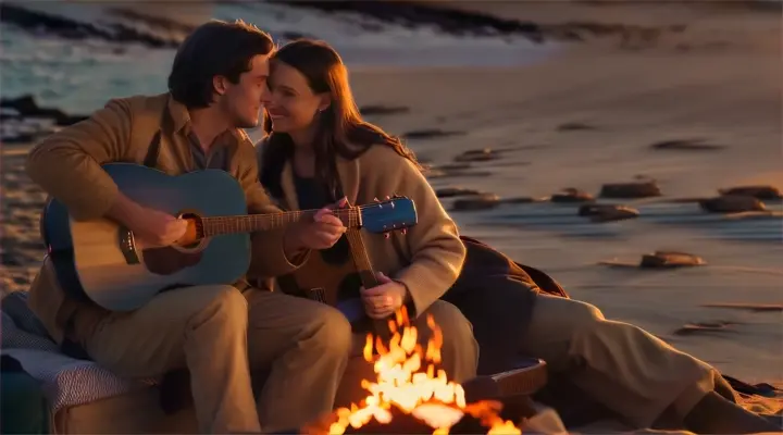 Location: Secluded beach. Characters: A man and a woman in love Objects: Acoustic guitar and  bonfire. Description: The man serenades the woman in love  with an acoustic guitar by a bonfire on a secluded beach, the sunset casting a warm glow over their intimate moment.