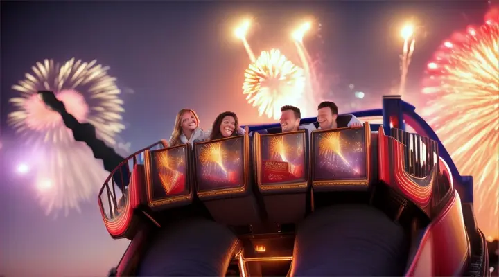 Location: Amusement park during fireworks. Characters: A man and a woman in love Objects: Roller coaster and  fireworks. Description: The man and the woman in  love  enjoy a roller coaster ride during a fireworks display, their excitement and joy mirroring the explosive and exhilarating nature of their love.