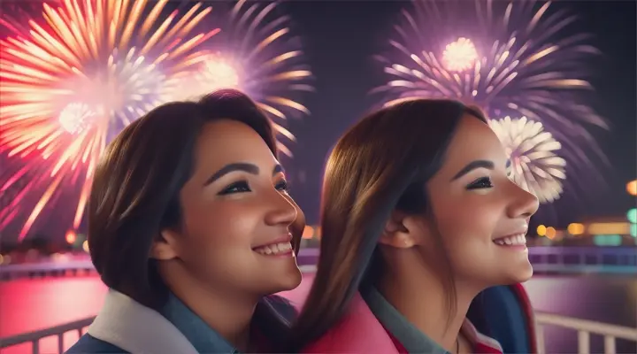 Location: Amusement park during fireworks. Characters: A man and a woman in love Objects: Roller coaster and  fireworks. Description: The man and the woman in  love  enjoy a roller coaster ride during a fireworks display, their excitement and joy mirroring the explosive and exhilarating nature of their love.