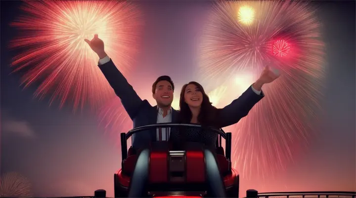 Location: Amusement park during fireworks. Characters: A man and a woman in love Objects: Roller coaster and  fireworks. Description: The man and the woman in  love  enjoy a roller coaster ride during a fireworks display, their excitement and joy mirroring the explosive and exhilarating nature of their love.