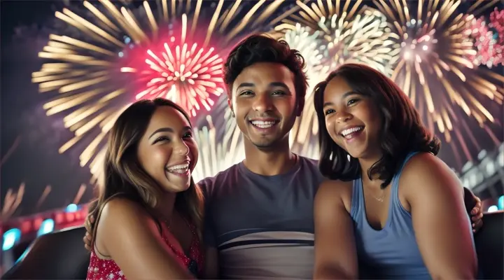 Location: Amusement park during fireworks. Characters: A man and a woman in love Objects: Roller coaster and  fireworks. Description: The man and the woman in  love  enjoy a roller coaster ride during a fireworks display, their excitement and joy mirroring the explosive and exhilarating nature of their love.