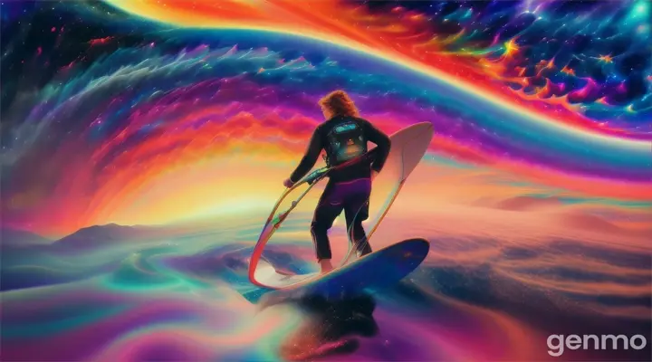 A cosmic vista of a surfer riding celestial waves across a vibrant, surreal landscape of psychedelic colors. realistic