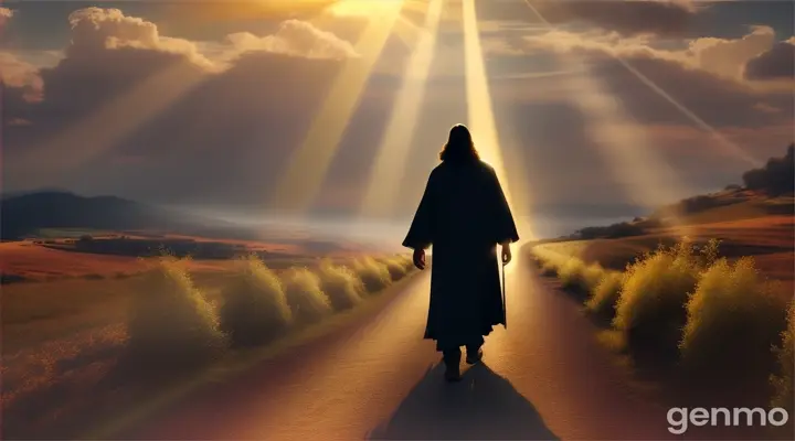 Jesus walking away on an open road towards a heavenly light