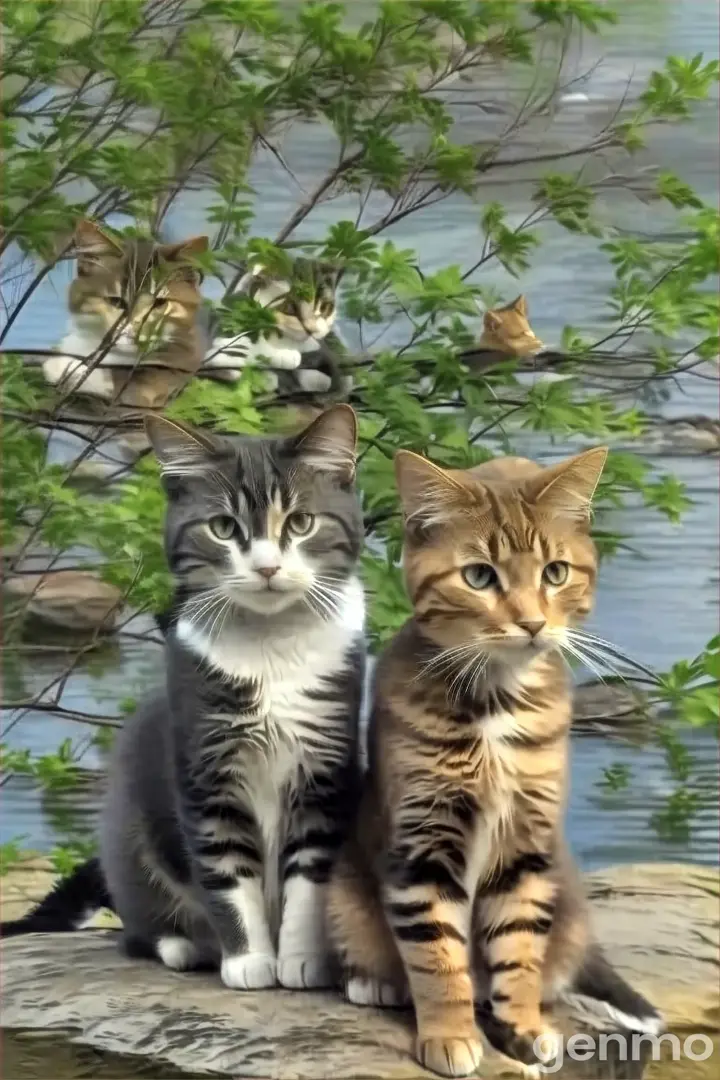 a couple of cats sitting on top of a rock