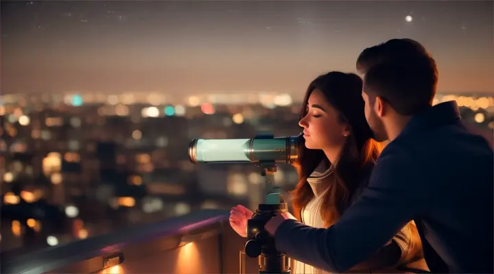 Location: City rooftop at night. Characters: A man and the woman in love Objects: Telescope and city lights Description: The man and the woman in love look through a telescope on a city rooftop at night, the city lights twinkling below them as they dream about their future together.