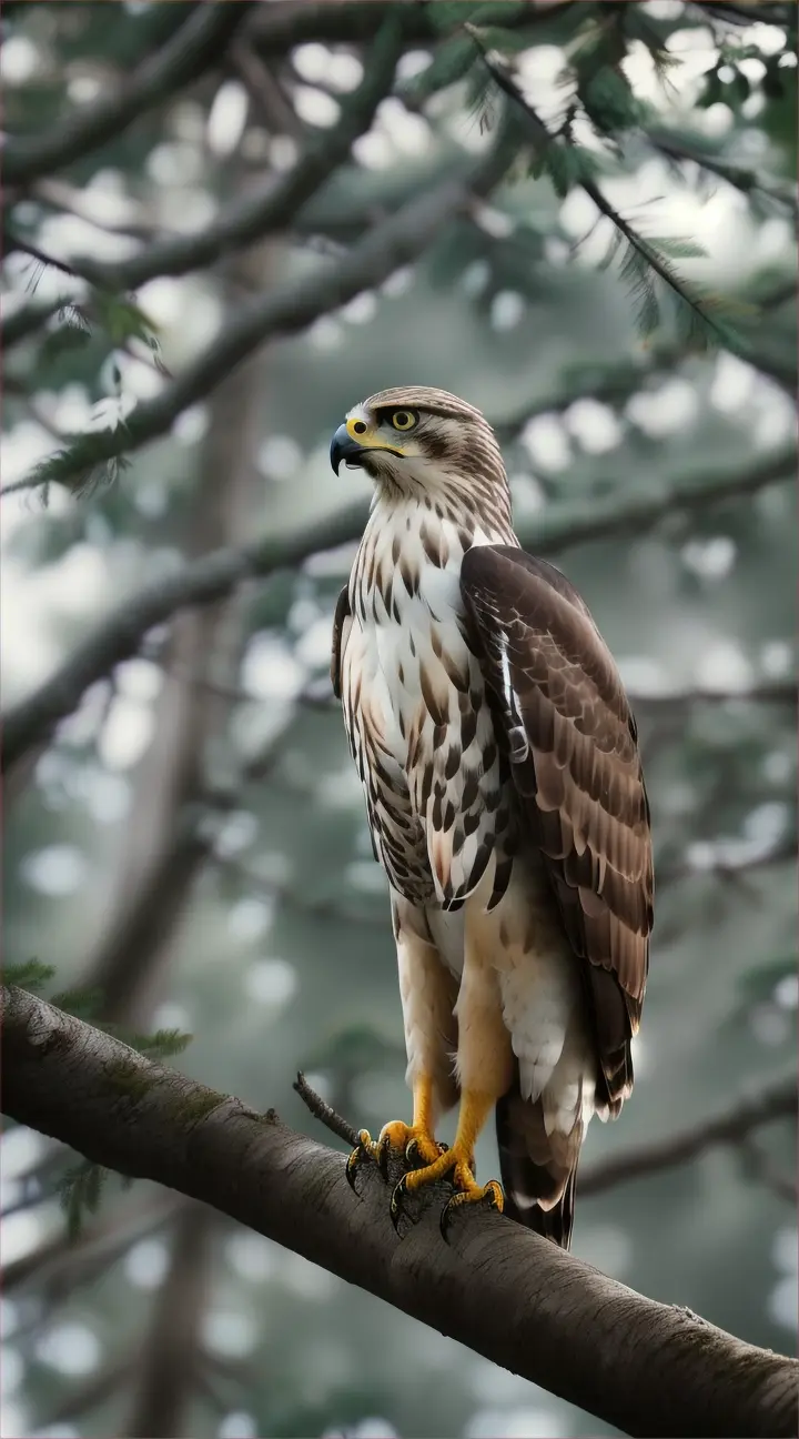 Animate the hawk perching on a high branch, overlooking the forest with a content and proud expression.