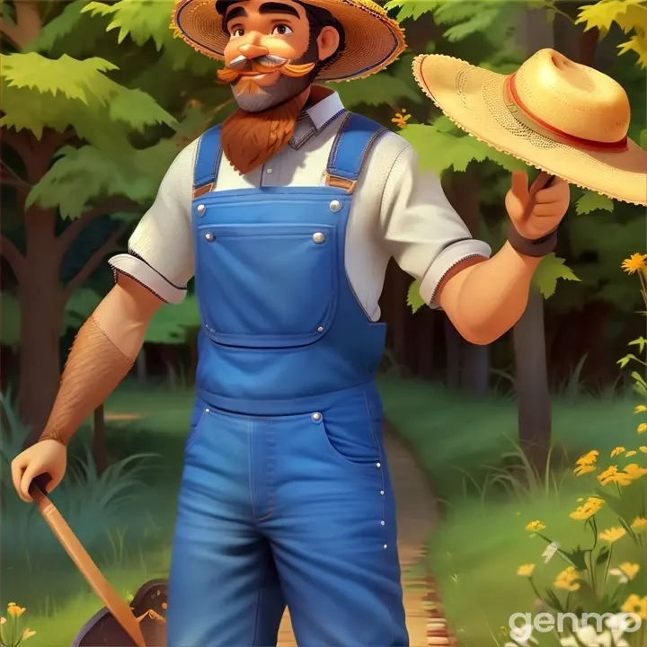 a man with a hat and a beard holding a shovel
