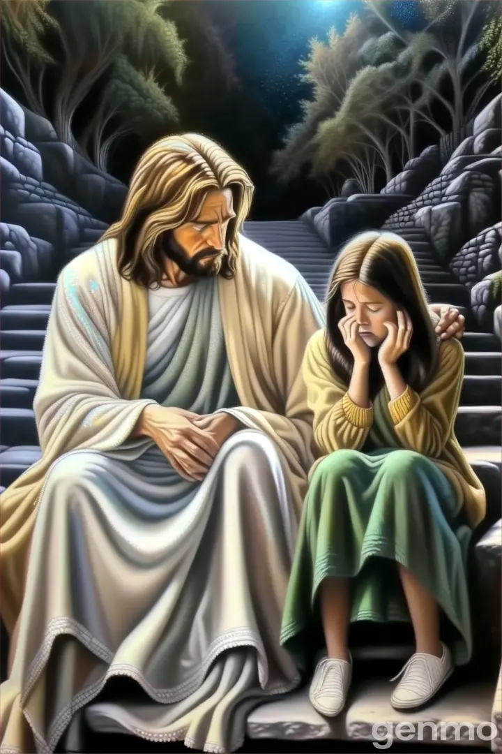 a painting of jesus christ and a little girl sitting on steps