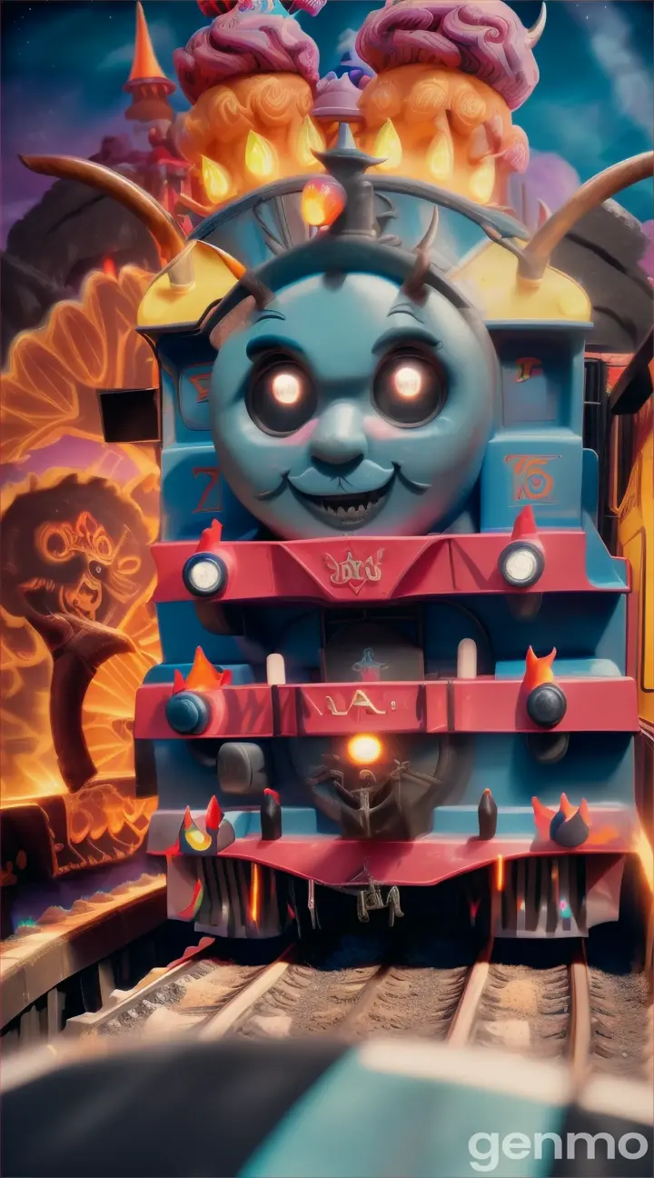 Create a THOMAS THE TRAIN with SHARP TEETH, bull horns background in candy land
zombie land