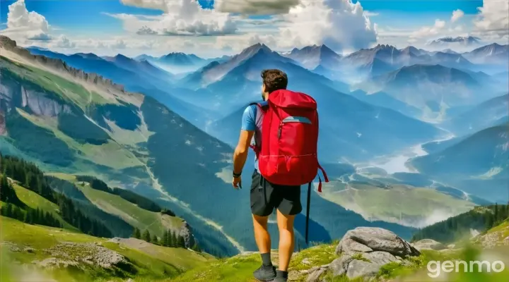 a man with a red backpack is hiking in the mountains