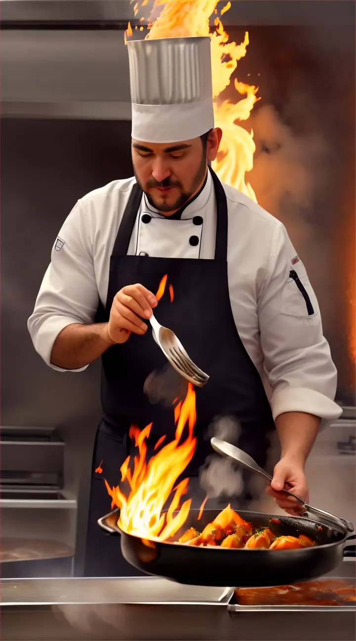 Create a video inside the catering unit of a restaurant, active cooking is underway, hot oil is in the frying pans and an open fire enters the hood, smoke appears and turns into an open fire, the chef in a black uniform swears and shouts at everyone, the chefs’ hats also begin to smoke.