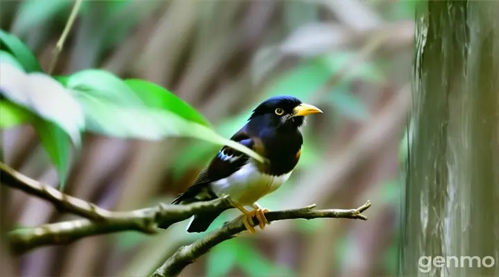 a bird perched on a branch in a forest