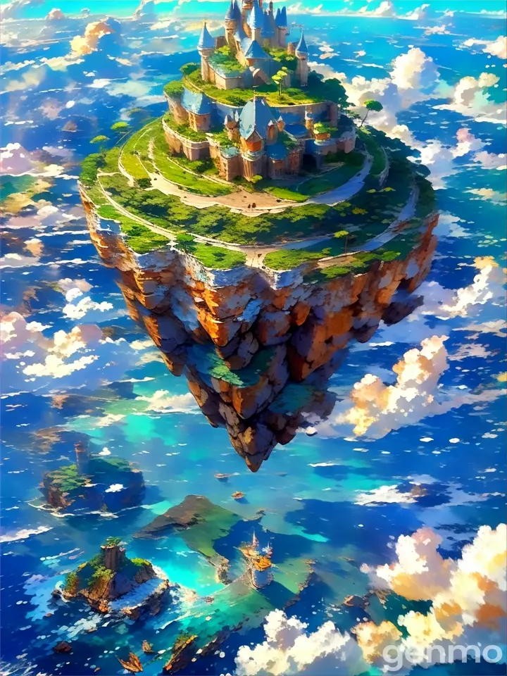 an island floating in the air surrounded by clouds