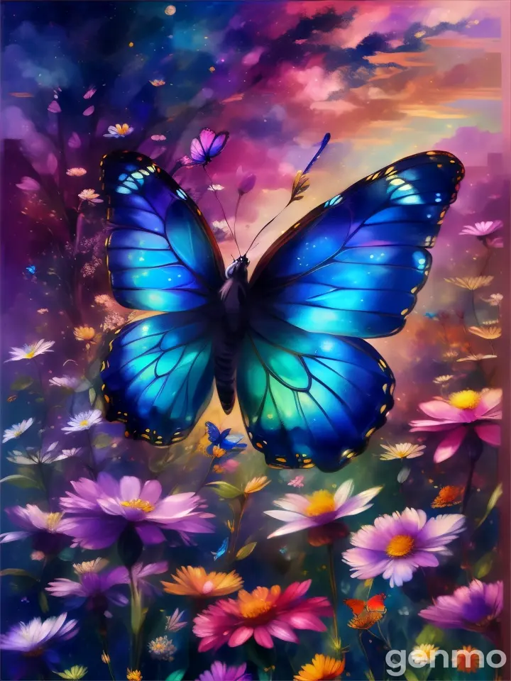 a painting of a blue butterfly flying over a field of flowers