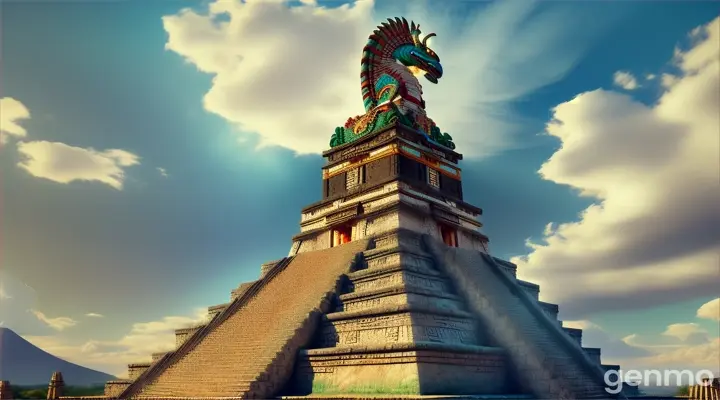 Medium range view of the Mexican god Quetzalcoatl perched on top of an Aztec pyramid, a blue sky with clouds behind it, cinematic lighting