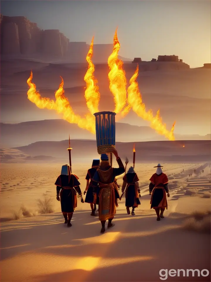 Ancient Israelites people walking in the wilderness and pillar of fire going with them 