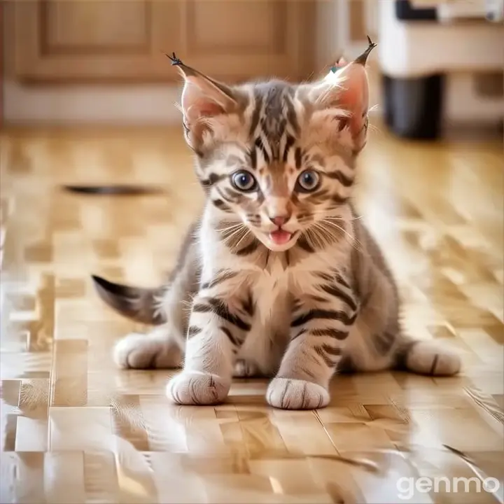 a small kitten sitting on a hard wood floor