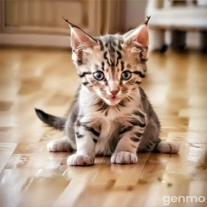 a small kitten sitting on a hard wood floor