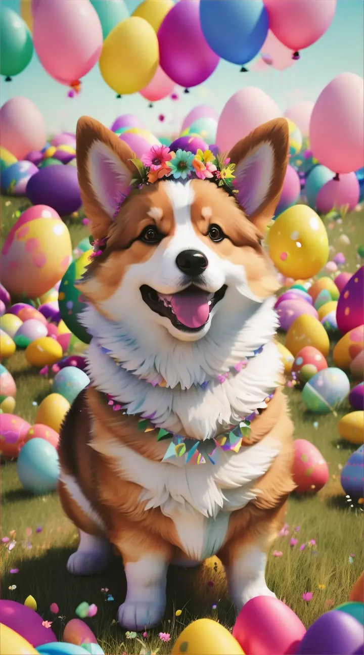 "A smiling corgi wearing a flower crown, Easter eggs rolling around, and lots of balloons floating, 3d render, photo, illustration"










