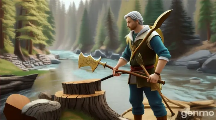 make an animated video of a fairy handing three axes one silver one gold and one wooden axe to a woodcutter standing beside a river