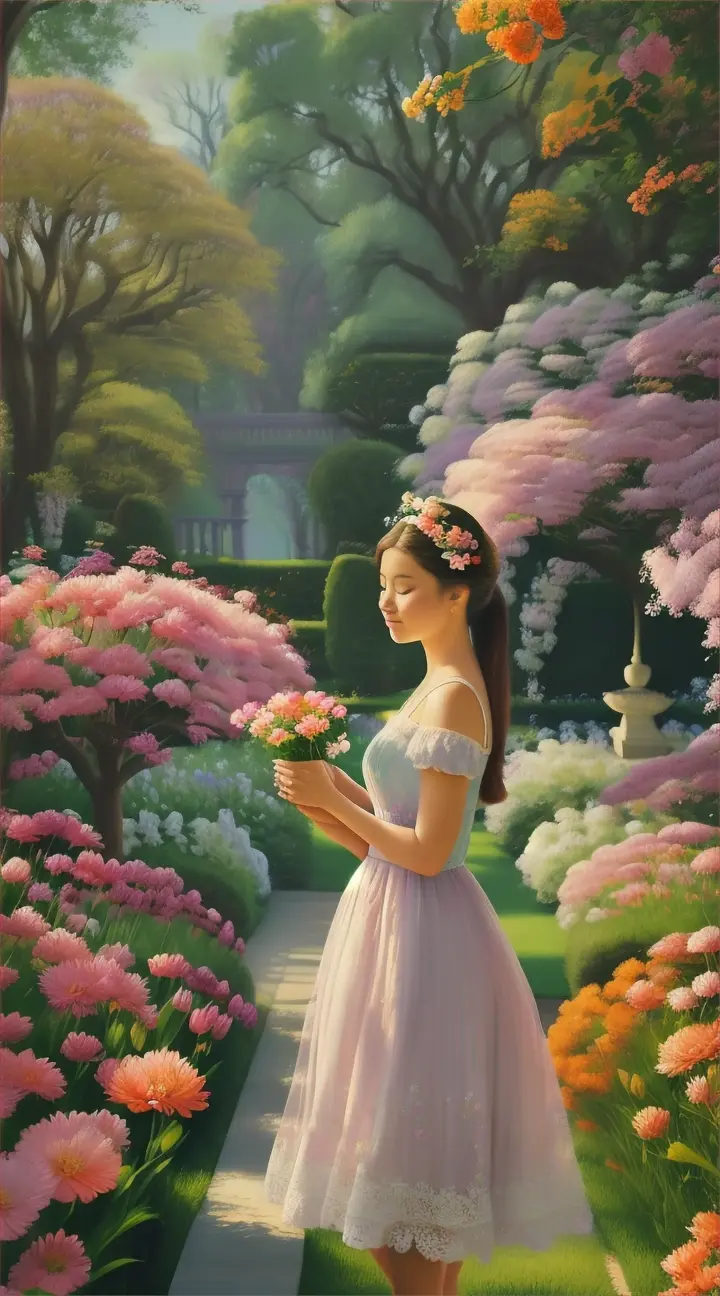 "A painting of a serene garden setting with a woman standing amidst vibrant flora. She wears a floral dress with a pastel color palette,predominantly featuring pink and orange flowers. The woman has her hair down and is looking to her side, seemingly admiring the blooms. The garden is lush with various plants, including tall trees in the background, and a pathway made of brick or stone is visible in the foreground., vibrant, painting"





