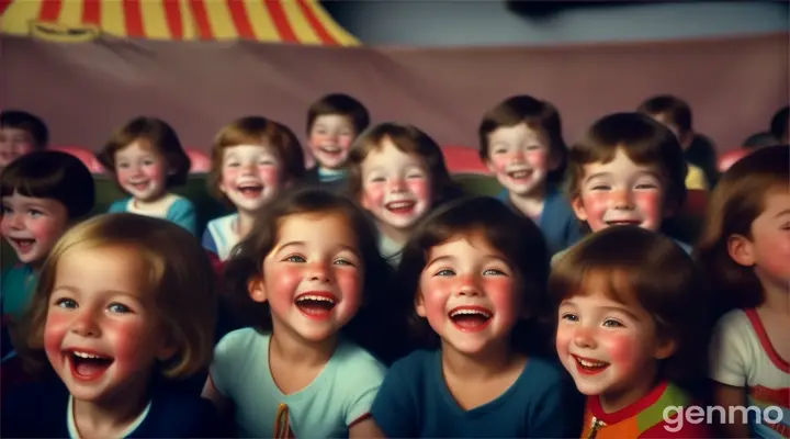 a crowd of children laughing disgustingly while sitting at a circus performance