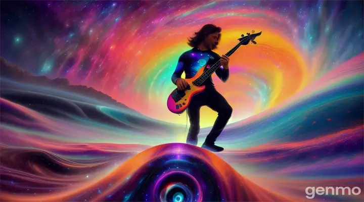 A cosmic vista of a surfer riding celestial waves WHILE PLAYS A BASS across a vibrant, surreal landscape of psychedelic colors. realistic