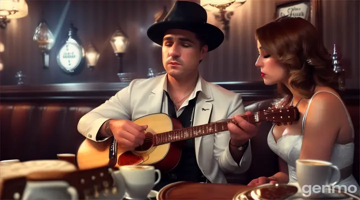 A gangster in white and coffee with milk color sits with a guitar and sings for the waitress Margarita in a tavern. 16:9