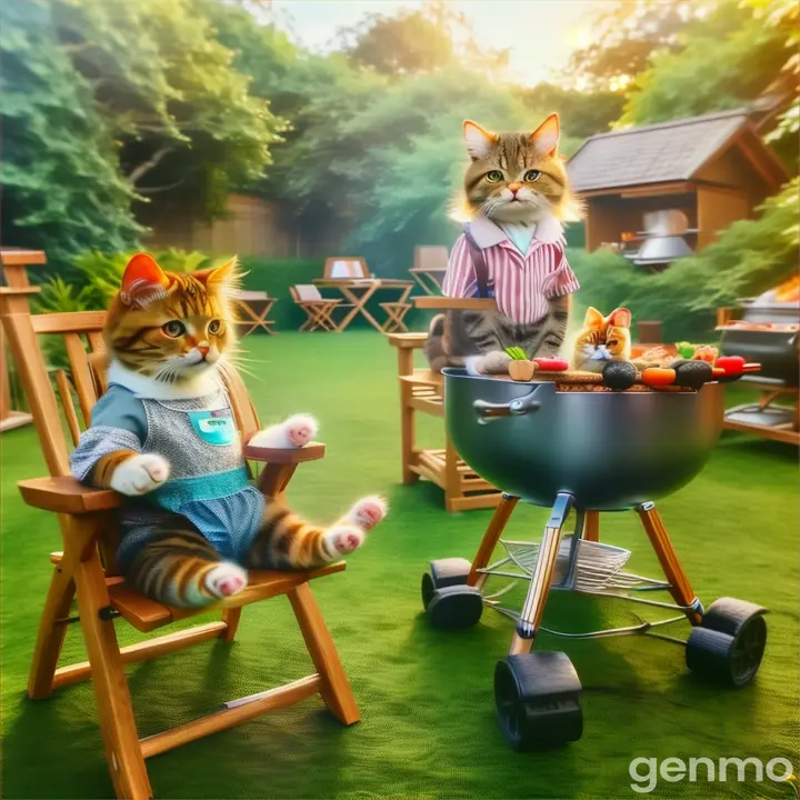 a cat sitting in a chair next to a bbq The background and objects are motionless, the movement of the head. paws, there is only one cat and one kitten in the picture