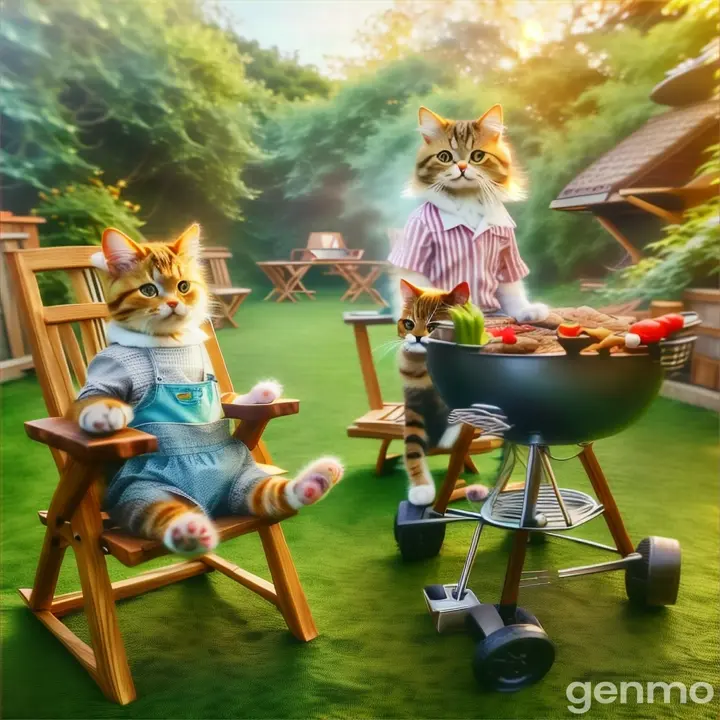 a cat sitting in a chair next to a bbq The background and objects are motionless, the movement of the head. paws, there is only one cat and one kitten in the picture