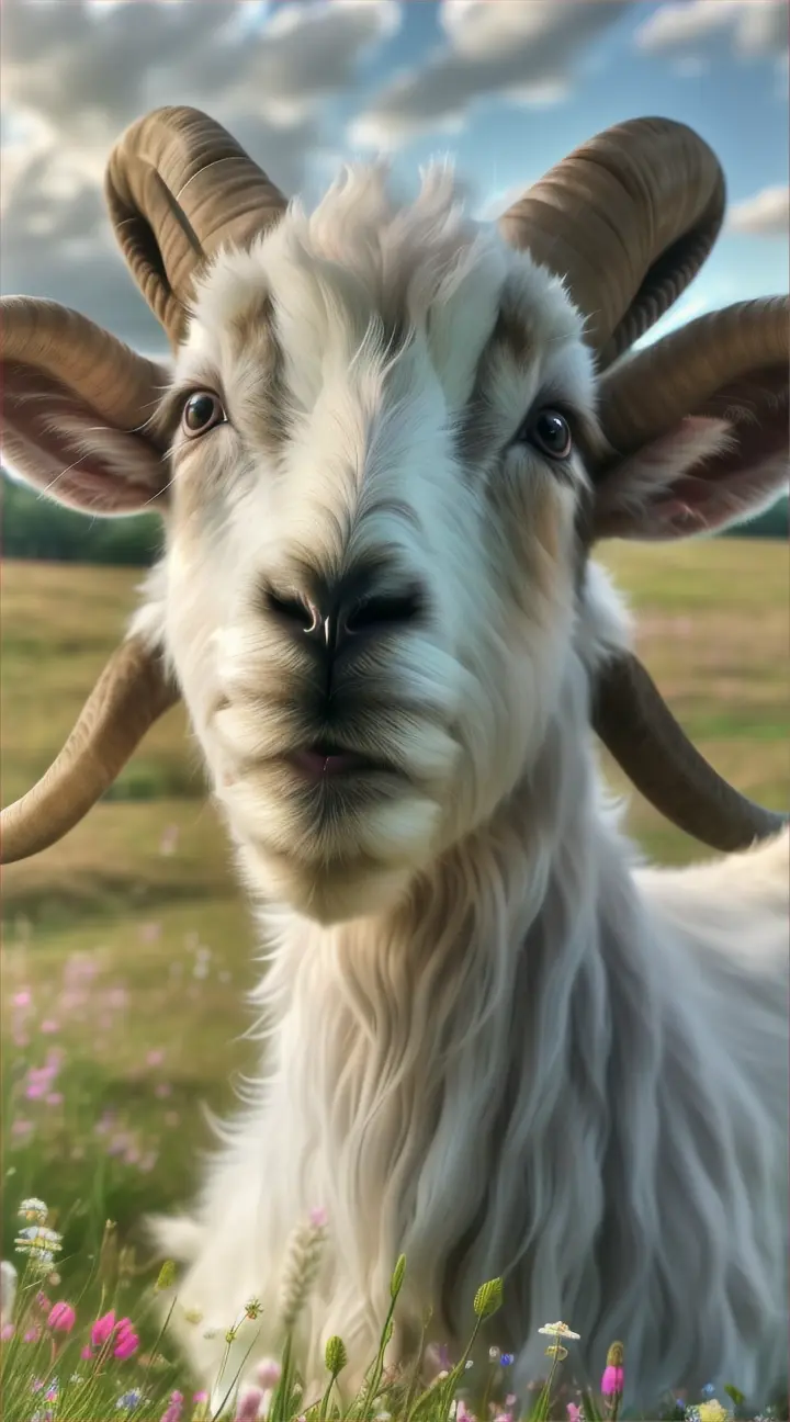 "A charming close-up image of a young goat with bright eyes and playful, curly horns. The goat's soft, fluffy fur is a mix of shades of white and brown, and it sports a mischievous grin. The background is a lush green meadow with a few wildflowers, and the sky is a gentle gradient from light to dark blue, with a hint of pink near the horizon"
