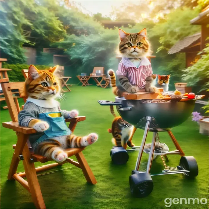 a cat sitting in a chair next to a bbq  The background and objects are motionless, the movement of the head. paws, there is only one cat and one kitten in the picture