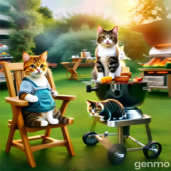 a cat sitting in a chair next to a bbq  The background and objects are motionless, the movement of the head. paws, there is only one cat and one kitten in the picture