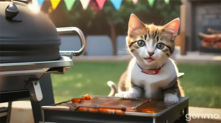  A beautiful kitten In a T-shirt and shorts sits on a chair like a man and watches as a handsome cat roasts a barbecue on the grill