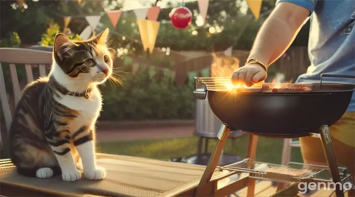  A beautiful kitten In a T-shirt and shorts sits on a chair like a man and watches as a handsome cat roasts a barbecue on the grill