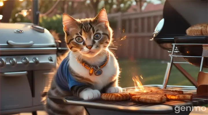  A beautiful kitten In a T-shirt and shorts sits on a chair like a man and watches as a handsome cat roasts a barbecue on the grill