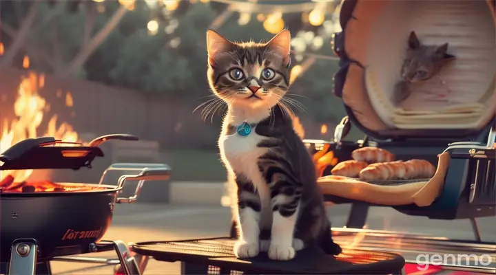  A beautiful kitten In a T-shirt and shorts sits on a chair like a man and watches as a handsome cat roasts a barbecue on the grill