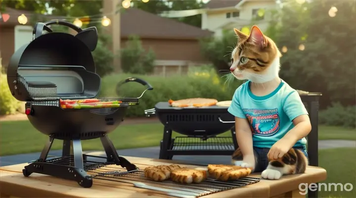  A beautiful kitten In a T-shirt and shorts sits on a chair like a man and watches as a handsome cat roasts a barbecue on the grill