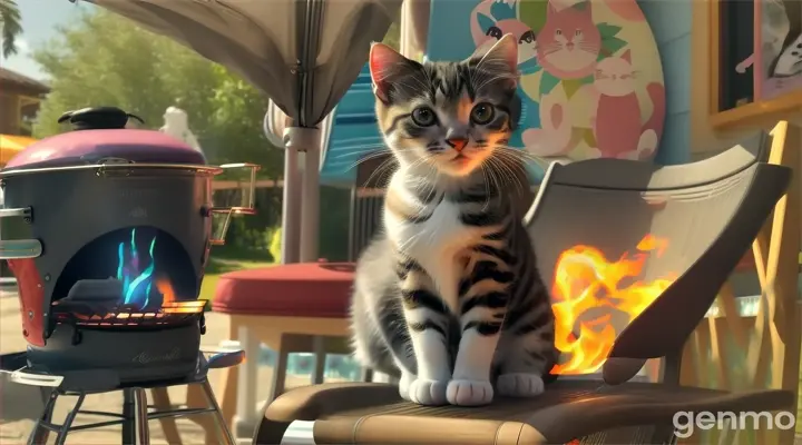  A beautiful kitten In a T-shirt and shorts sits on a chair like a man and watches as a handsome cat roasts a barbecue on the grill