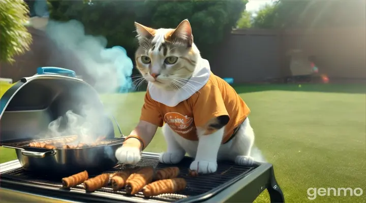 A human cat dressed in a T-shirt and shorts is barbecuing on the lawn
