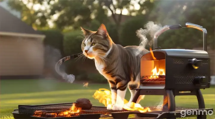 A cat like a man dressed in a T-shirt and shorts is barbecuing on the lawn, the background is not movable, the movement of the cat and smoke
