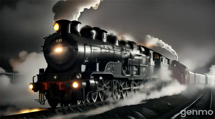  Suddenly, a ghostly, vintage steam train appears, emerging from the darkness with headlights piercing through the fog.